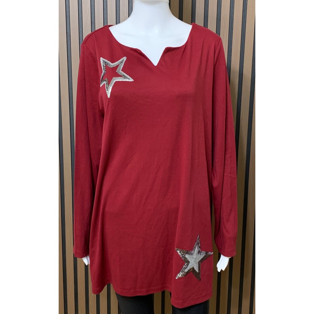Quacker Factory Women' s Red Sequin Star Long Sleeve Tunic Top 2X Artsy